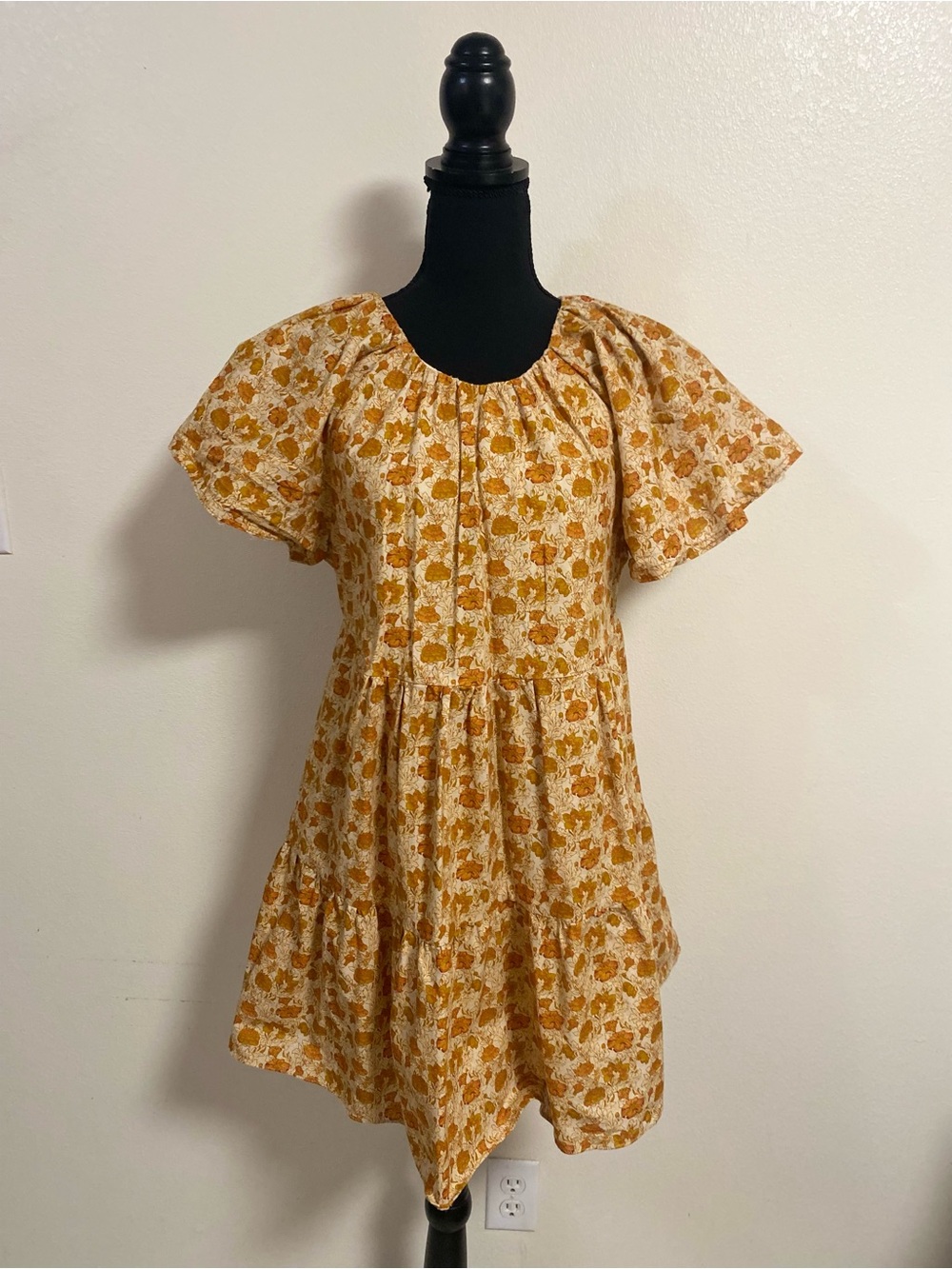 Mini Dress Womens Size Small Yellow Floral Boho Flutter Sleeve Dress